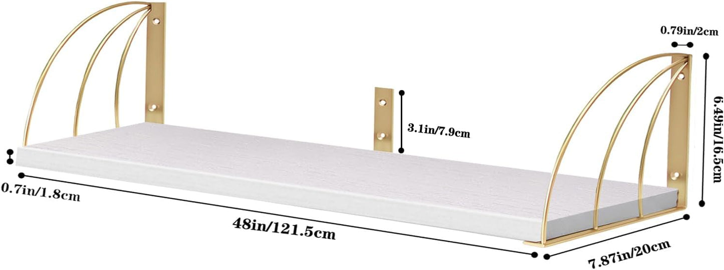 Long 48 IN White Wall Bookshelf- Curved Fan-Shaped Design with Built-in Anti-Slip Book Stops|0.71" Thicker Heavy Duty White and Gold Floating Shelf|Floating Book Shelves for Wall, Home Décor Set of 2