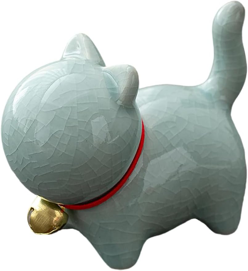 Blue Ceramic Miniature Lucky Cat Statue - Tea Pet Cat Tabletop Ornaments & Home Office Decoration