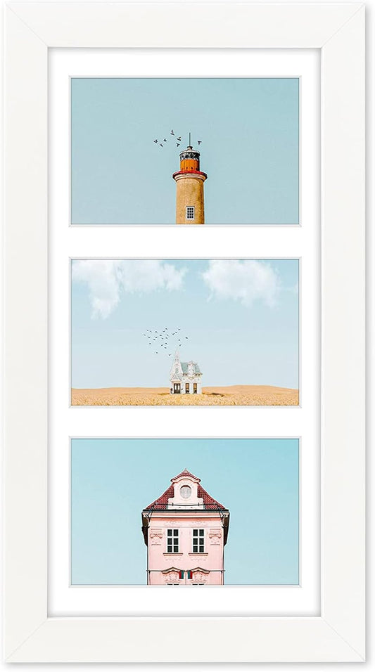 Golden State Art, 7x14 White Photo Wood Collage Frame with Mat Displays (3) 4"x6" Pictures (Wood - White with White Mat)