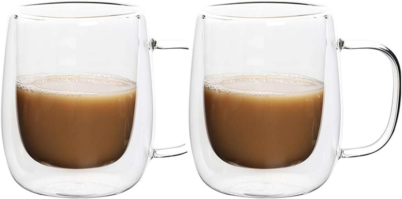 High Borosilicate Double-Wall Glass Mug - Handcrafted Creative Designed Glass Mug with Handle, Perfect for Milk and Coffee (350ml)