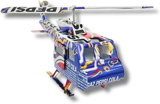 DYI Handcrafted Helicopter Model Made from Recycled Beer Cans — Small — Unique Gift for Beer Lovers, Dad, or Collectors — Eco-Friendly Bar Décor (Blue)