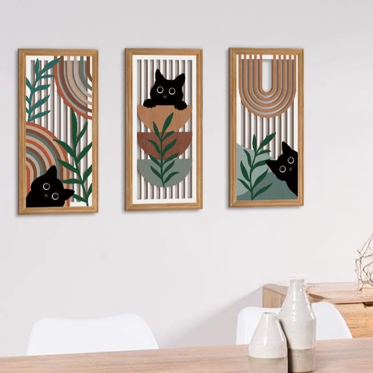 IARTTOP 3 Pcs Boho Black Cat Wall Decor Abstract Geometric Wood Wall Art Bohemian Cat Hanging Decor Mid Century Modern Artwork Decoration for Farmhouse Bedroom Living Room 7.9 x15.8 Inch