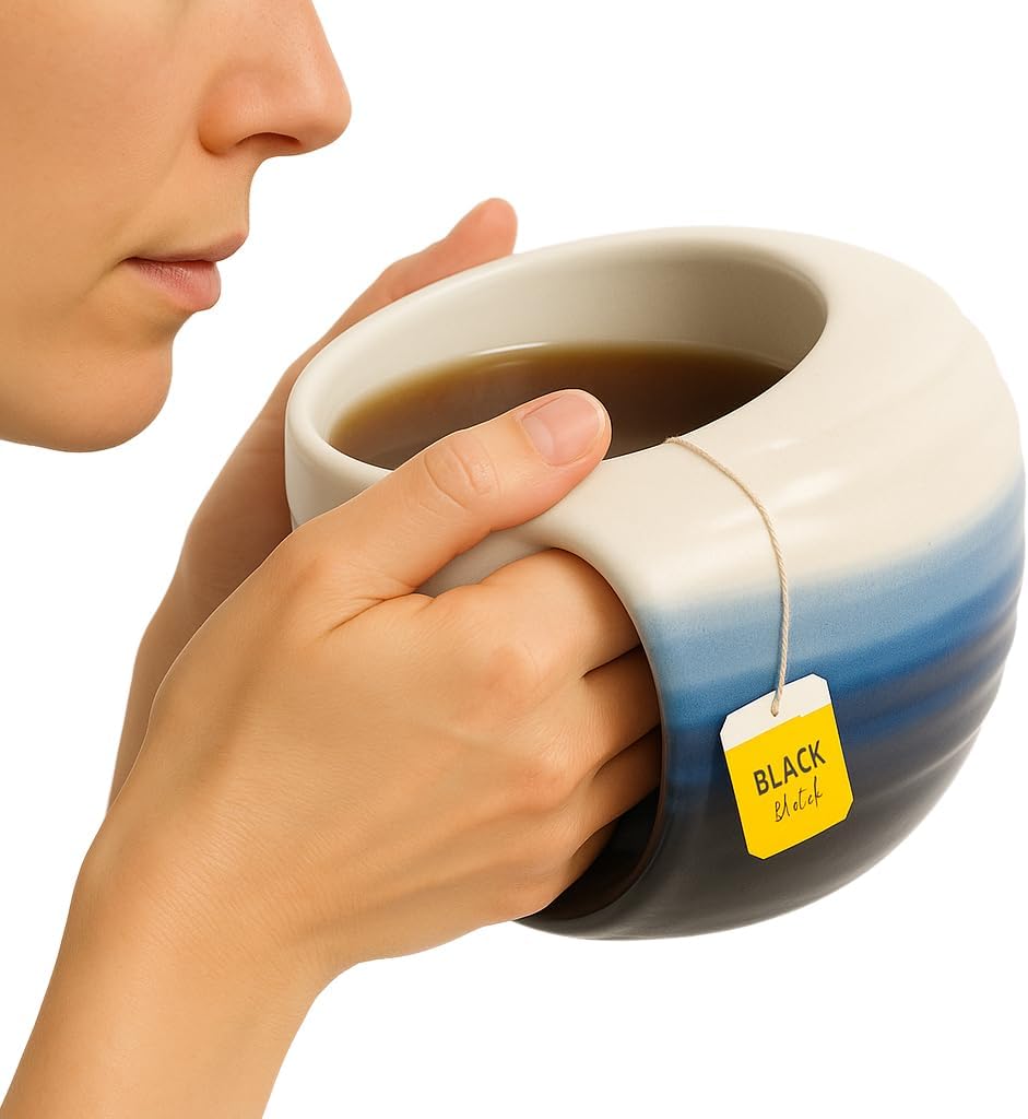 Double Hand Warmer Mug, Handmade Pottery - Handwarmer Contoured Pockets for Both Hands will Hold Warmth From The Heat Of Your Drink To Keep Your Fingers Warm, Comfy Blue - Perfect Winter Gift!