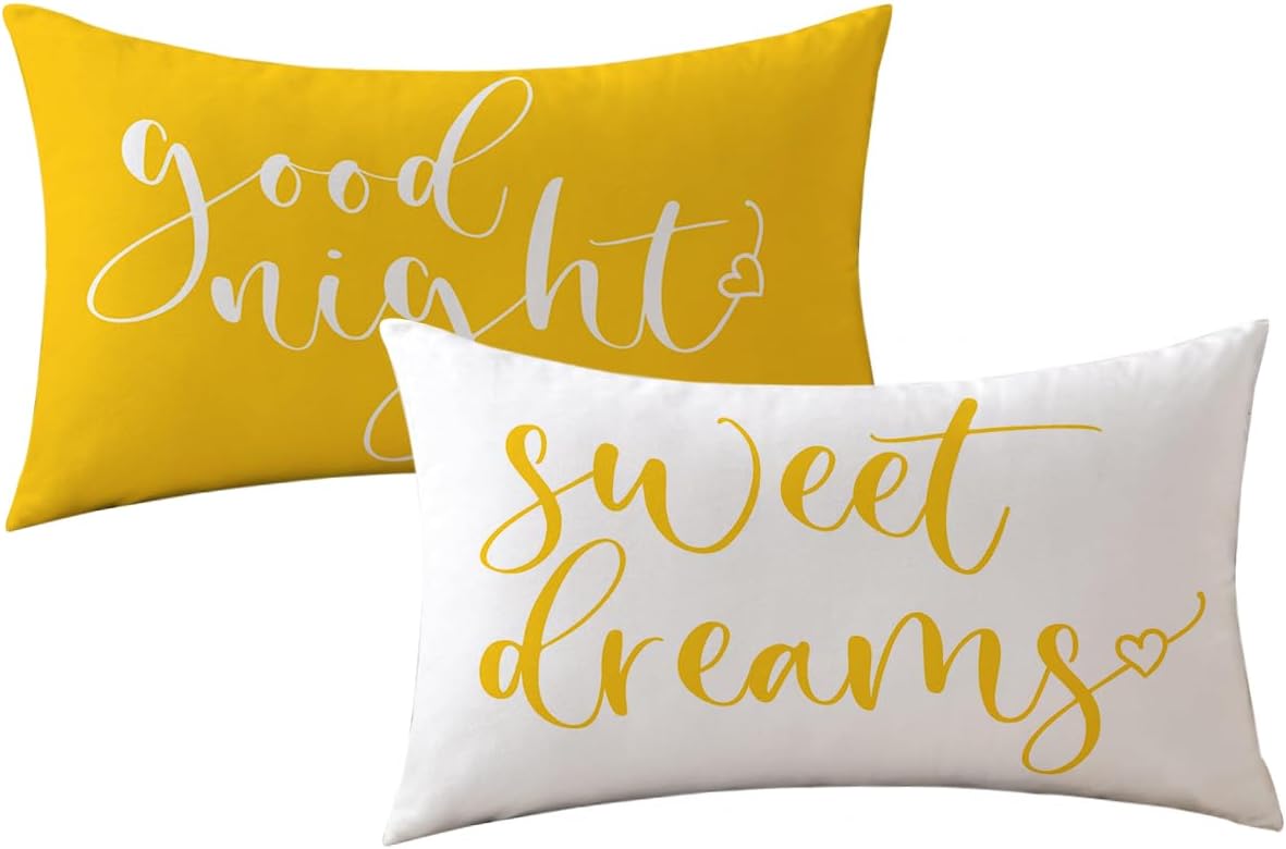 Bedding Decorative Lumbar Pillowcases Sweet Dreams Good Night Cushion Covers Sleep Themed Decorative Throw Pillow Covers 12''x20'',2Pack Super Soft for Bedroom Guest Room Housewarming Gifts (Yellow)