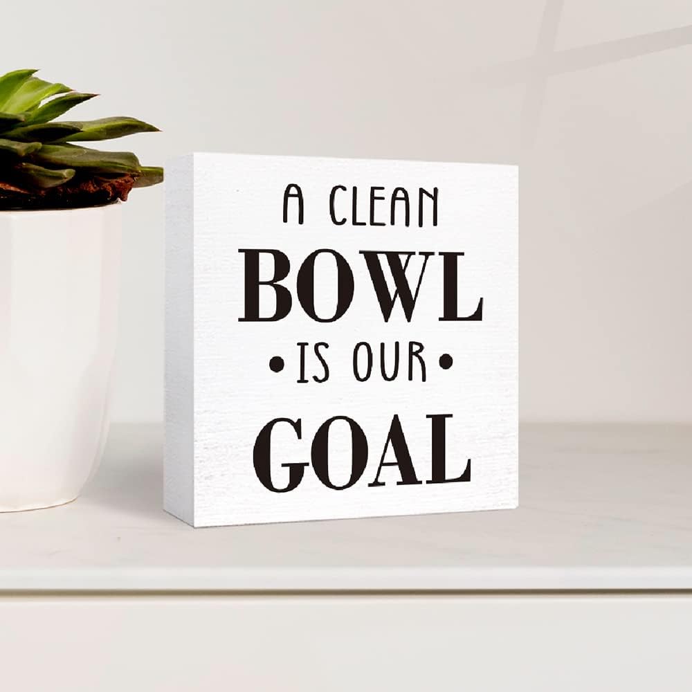 Funny Bathroom Wood Sign a Clean Bowl is Our Goal Wood Block Sign for Bathroom Shelf Toilet Restroom Home Tabletop Desk Decor,Farmhouse Bathroom Wooden Box Sign