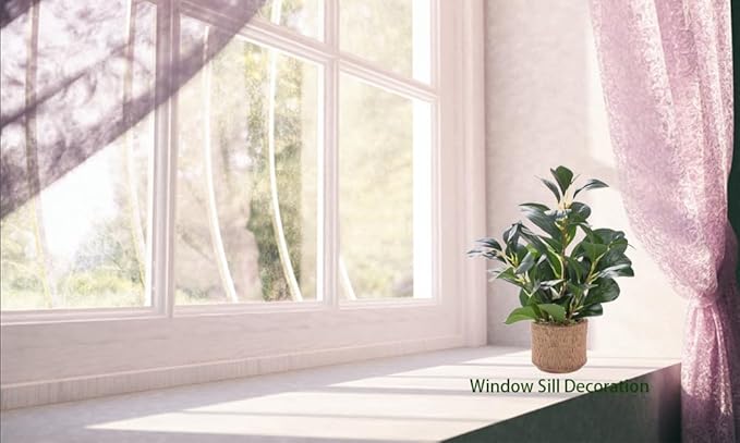 12.6" Fake Plants in Brown Ceramic Vase Real Looking and Touching Evergreen Ficus Leaf Faux Plant Indoor for Book Shelf Bathroom Office Desk Kitchen Counter Bedroom Small Space Artificial Plant Decor