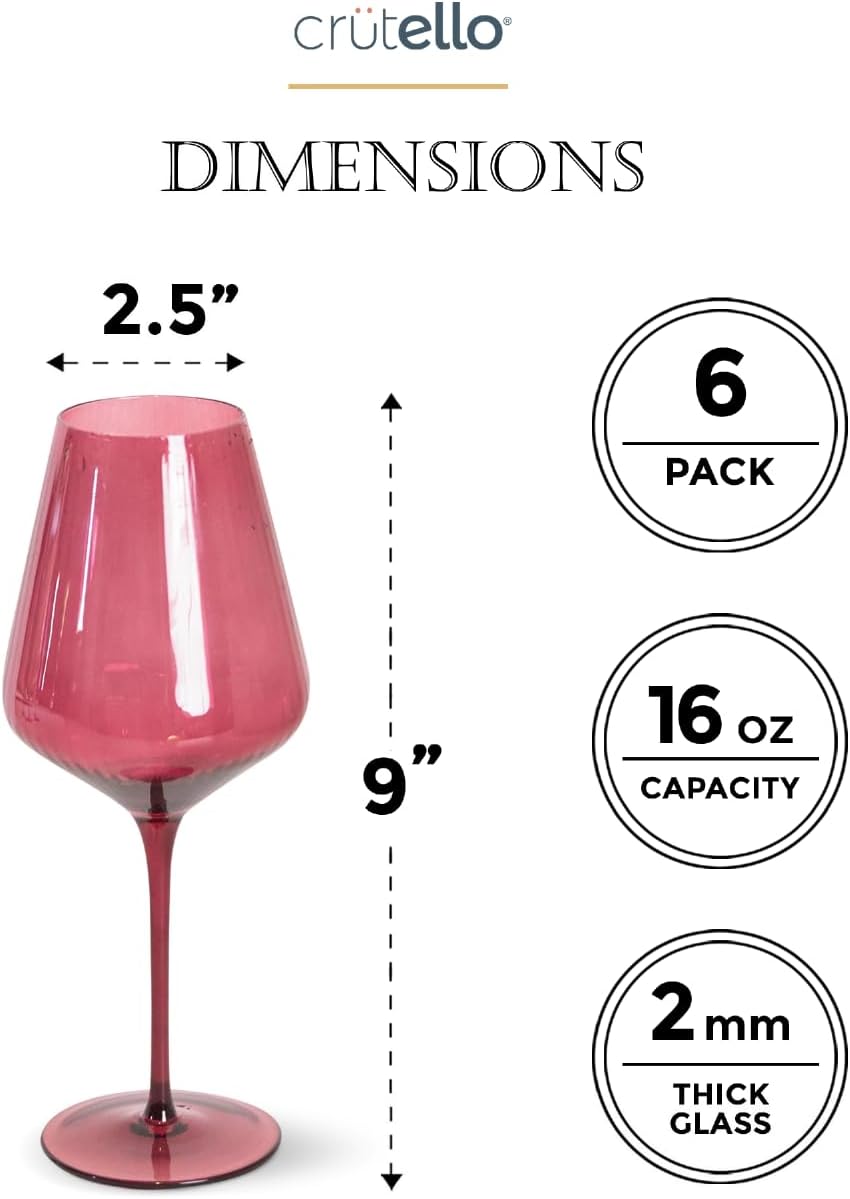 Crutello Modern Colored Wine Glasses 16 oz Glassware - Colorful Glasses Set of 6, Unique Fluted Colored Glassware with Ribbed Texture, Art Deco Red & Fancy White Wine Glass