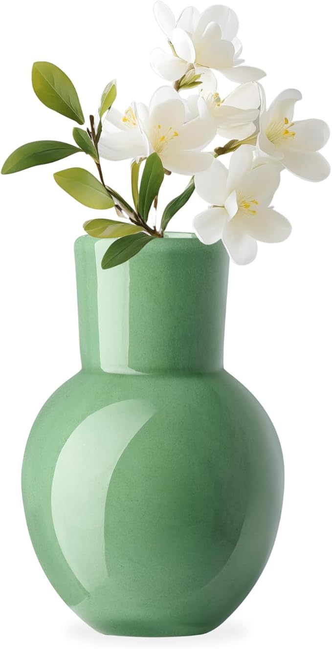 Torre & Tagus 6" Mouth Blown Art Glass Vase for Flowers - Opaque Green Small Table Vase & Handmade Small Green Accent for Boho Home Decor, Neutral Bud Vases as Decorative Shelf Decor or Wedding