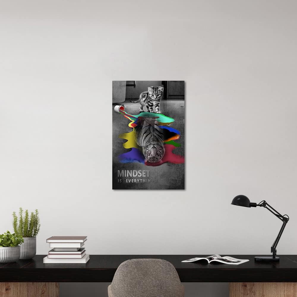 Colorful Animal Artwork Motivational Posters Canvas Wall Art Inspirational Prints Cute Cat Tiger Picture Mindset Is Everything Art Work Painting Home Decor for Classroom Dorms Office Decor-12"Wx16"H