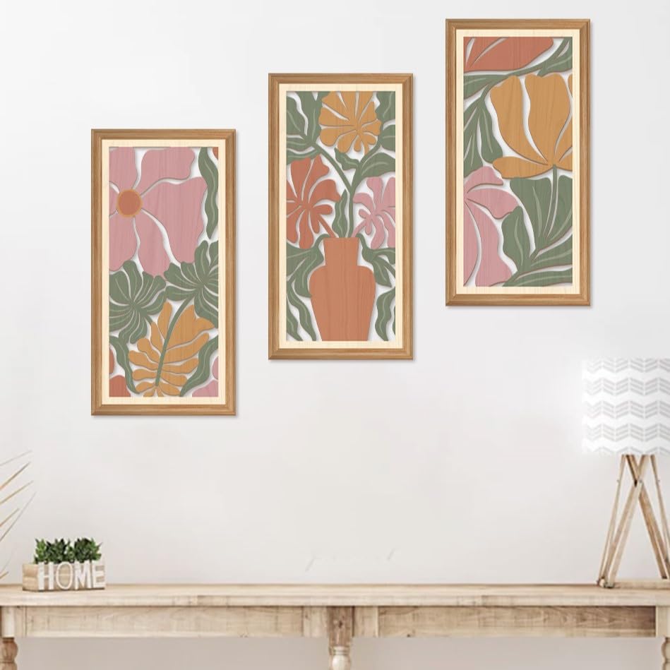 IARTTOP 3 Pcs Boho Flower Market Wall Decor Floral Botanical Modern Wood Wall Art Bohemian Floral Hanging Decor Abstract Minimalist Wooden Art for Living Room Bedroom Office 7.9 x15.8 Inch