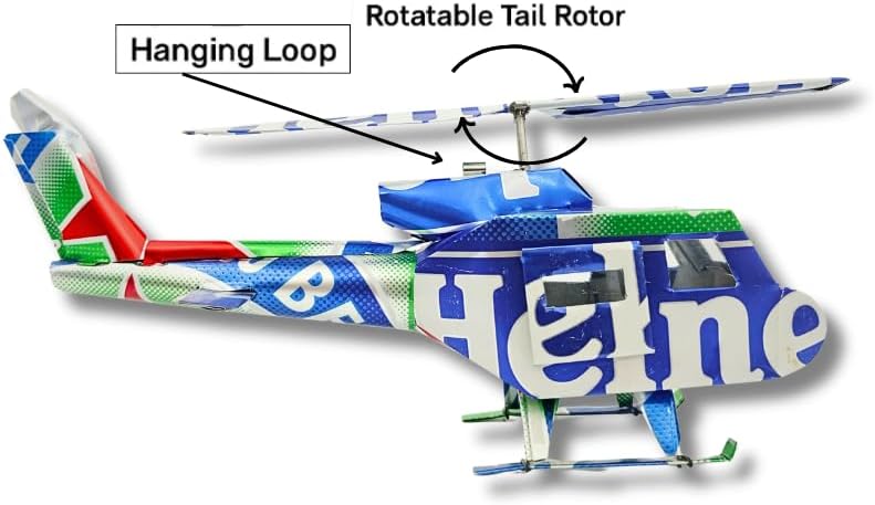 DYI Handcrafted Helicopter Model Made from Recycled Beer Cans — Small — Unique Gift for Beer Lovers, Dad, or Collectors — Eco-Friendly Bar Décor (Blue-Heniken)