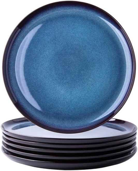 LERATIO Ceramic Dinner Plates Set of 6,10.5 Inch Reactive Glaze Porcelain Plates, Modern Shape Dinnerware Dishes Set for Kitchen,Microwave&Dishwasher&Oven Safe, Scratch Resistant-Blue