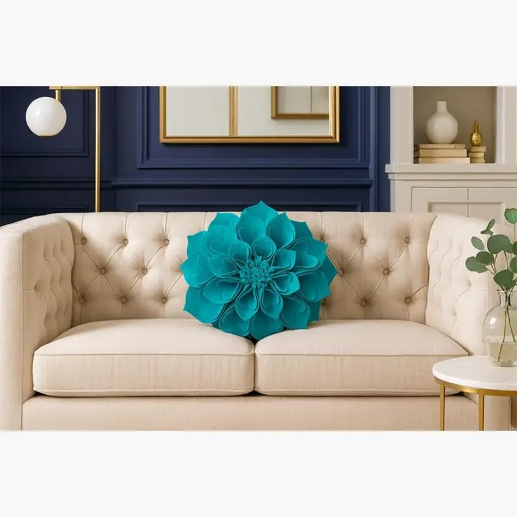 Fennco Styles Handmade 3D Heart-Shaped Petals Flower Decorative Throw Pillow Cover Only - 13" Round Teal Floral Pillow Case for Couch, Home Décor and Holiday, Housewarming Gift