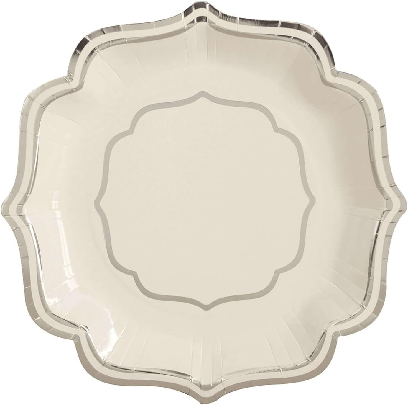 Efavormart 25 Pack | White/Silver 10" Scallop Rim Dinner Party Paper Plates, Disposable Plates - 300 GSM