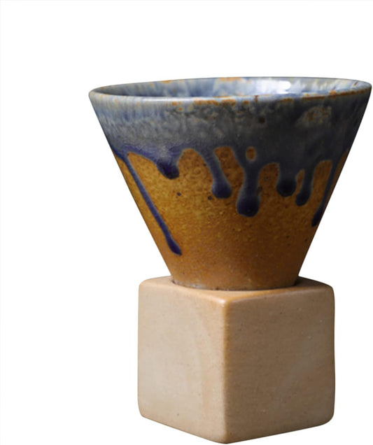 Coarse Pottery Coffee Mugs, Japanese Style Ceramic Tea Cups Triangular Cone Shape Porcelain Retro Mug with Square Base Heat Resistant Funnel Mugs Espresso Latte for Home Picnic Office