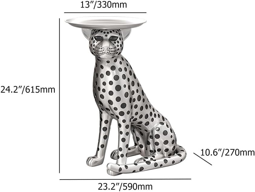 LOVEDIMA 24.2" Resin Panther Statue Luxury Silver Leopard Floor Figurine Accent Side Statue with Tray Top for Small Space Living Room Bedroom