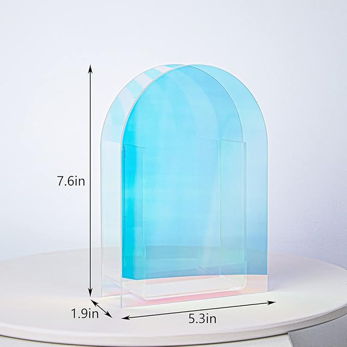 Iridescent Acrylic Vase for Artificial Flower Fake Eucalyptus Plant Leaves Office Home Decor Contemporary Tabletop Minimalist Geometric Mini Decoration Make Up Brushes Organizer Holder（RainbowShort）