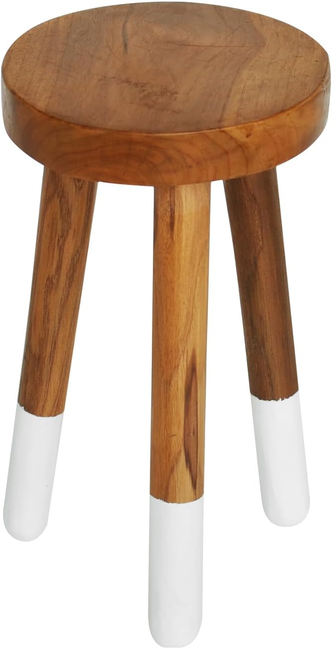 Teak 11.8" Round Dip Dyed Teak Stool | Wood Accent Side Table | Wood Plant Stand (24" Tall White)