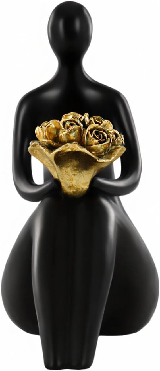Black Abstract Figure Statue with Golden Flowers, Modern Resin Sculpture, Minimalist Art Figurine for Home or Office Decor, Elegant Gift for Art Enthusiasts