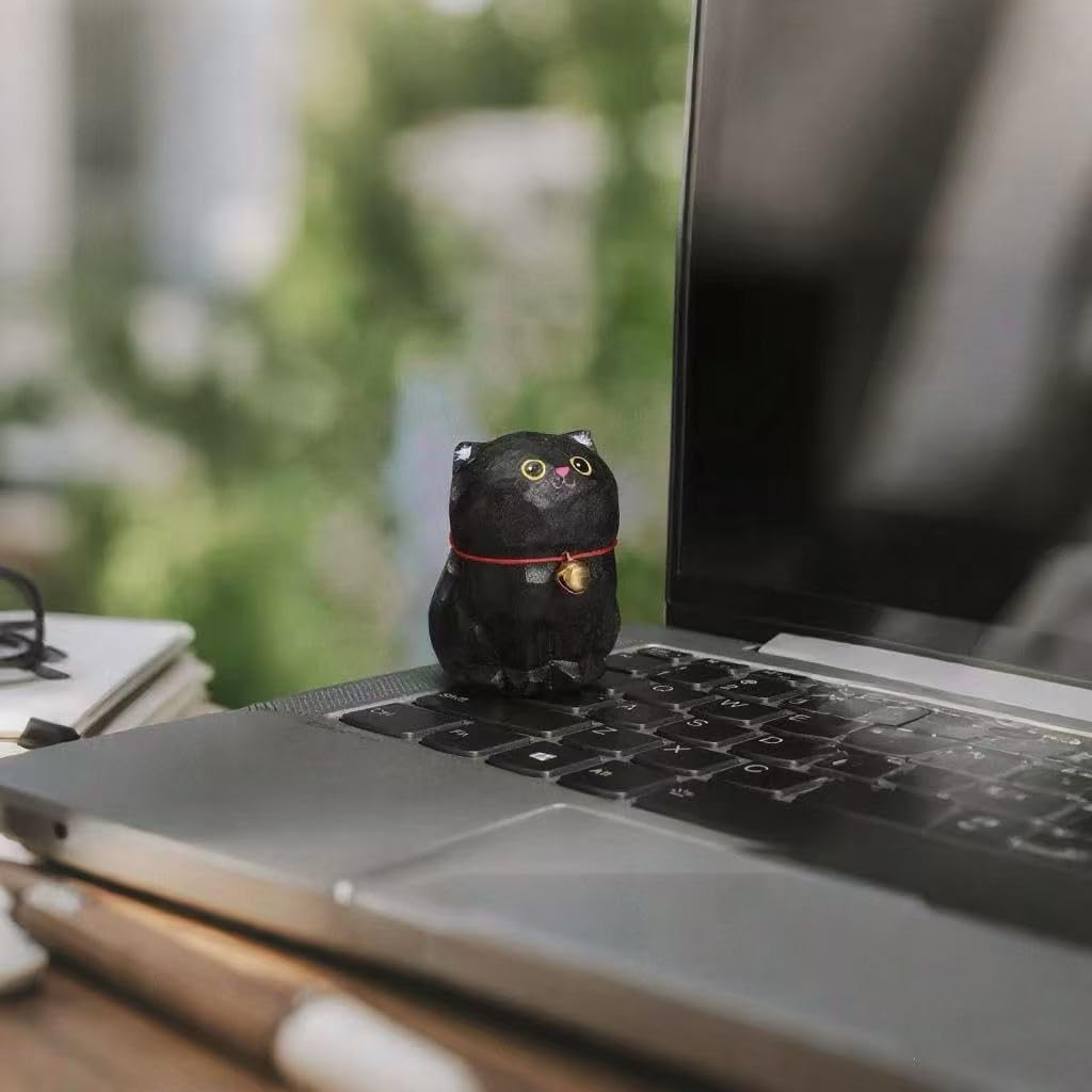 Hand Carved Wooden Black Cat Figurines – 2PCS Small Painted Cat Statues with Base, Cute Desk or Shelf Decor, Collectible Eco-Friendly Pet Figurines, Unique Handmade Gifts for Cat Lovers