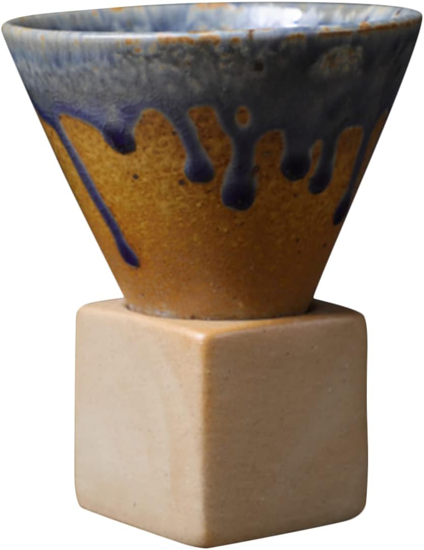 Coarse Pottery Coffee Mugs, Japanese Style Ceramic Tea Cups Triangular Cone Shape Porcelain Retro Mug with Square Base Heat Resistant Funnel Mugs Espresso Latte for Home Picnic Office (Type 1)