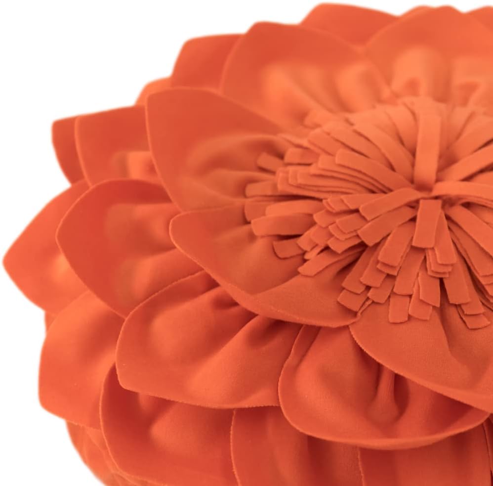 Decorative Throw Pillow 3D Flower Round Pillow Accent Handmade Cushion with Insert for Couch Bed Home Decor 14 inch Orange