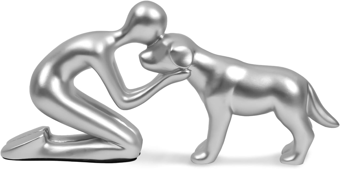 Dog Sculpture Decoration Cute Man and Dog Statue Home Decor for Office、Living Room、Bedroom、Shelf Home， Memory Gifts for Pet Lovers (Silver)