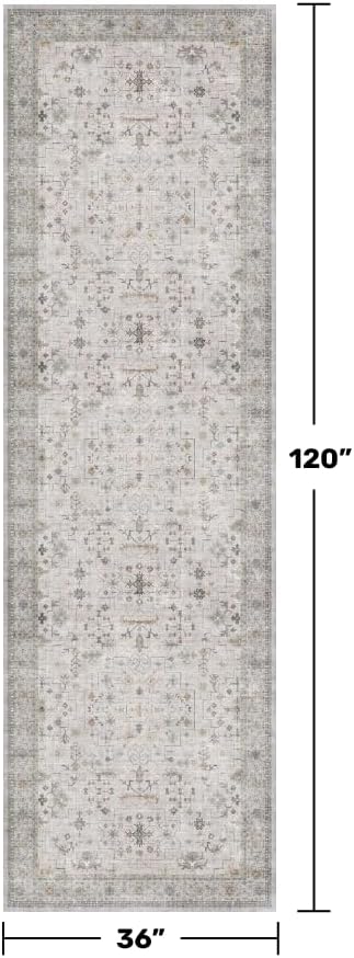 Light Gray Kitchen Rug 10 ft Long - Modern Neutral Boho Unique Floral with Brown Accent, Washable Low Pile Non-Slip Extra Long Wide Runner Rugs for Hallway, 3x10
