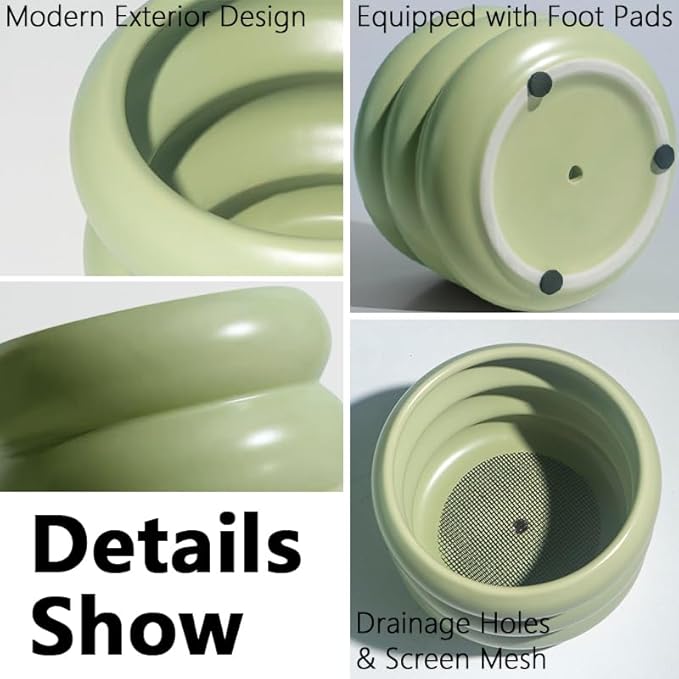 3 Piece Modern Ceramic Planter, 6.5/4.7/3.5 Inch Green Plant Pot Set of 3 Unique Planters for Outdoor Indoor Flower Pots Plants with Drainage Holes Home & Office Decor with Mesh Pad