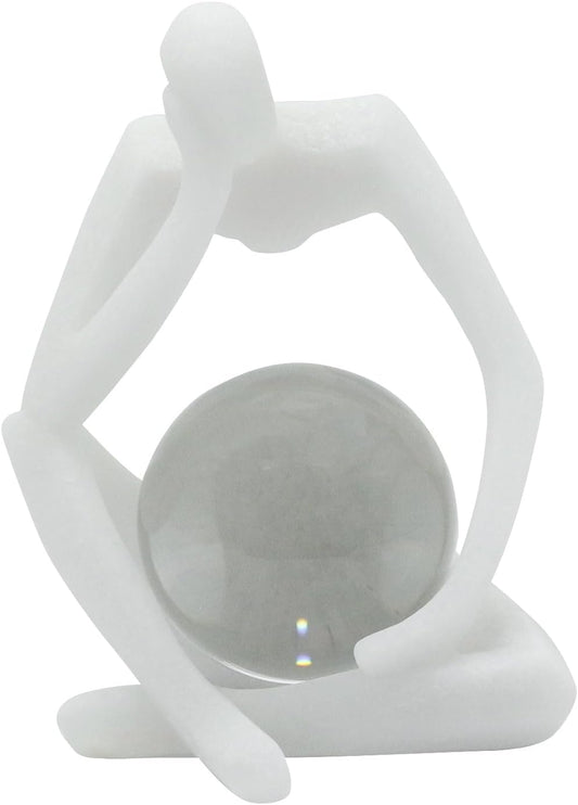 Lukitas Resin Thinker Statue - Holding Crystal Ball Sculpture, Modern Abstract Collectible Figurine for Home Office Bookshelf Decor, White Sand 7.5''
