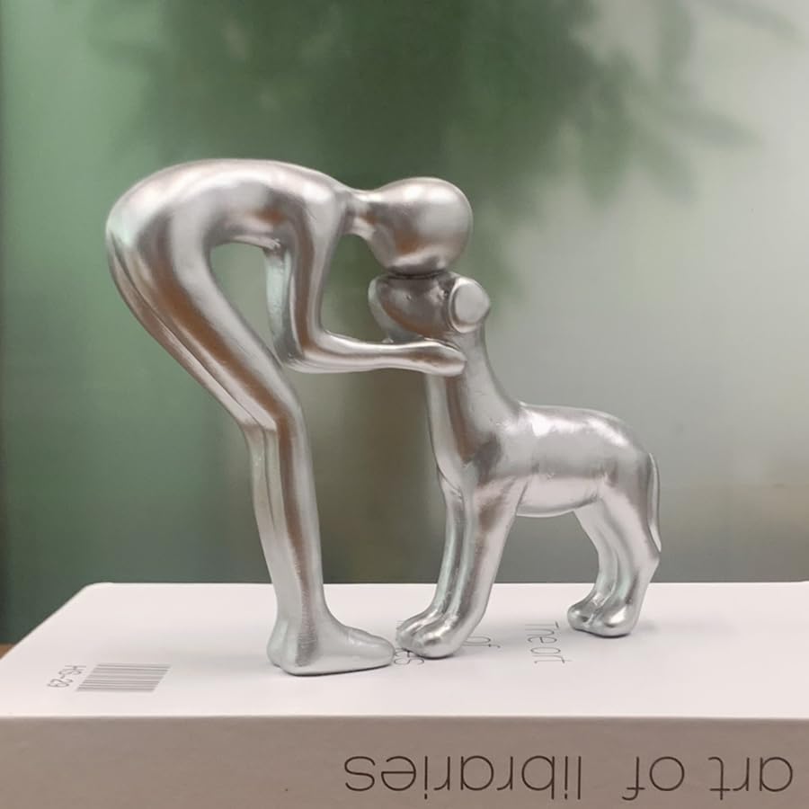 Human and Dog Statue Decoration, Cute Pet Sculpture Home Decor Tabletop Ornament Figurines Office Living Room Bedroom Home, for Dog Lovers Friends Family Decoration, Silver Color