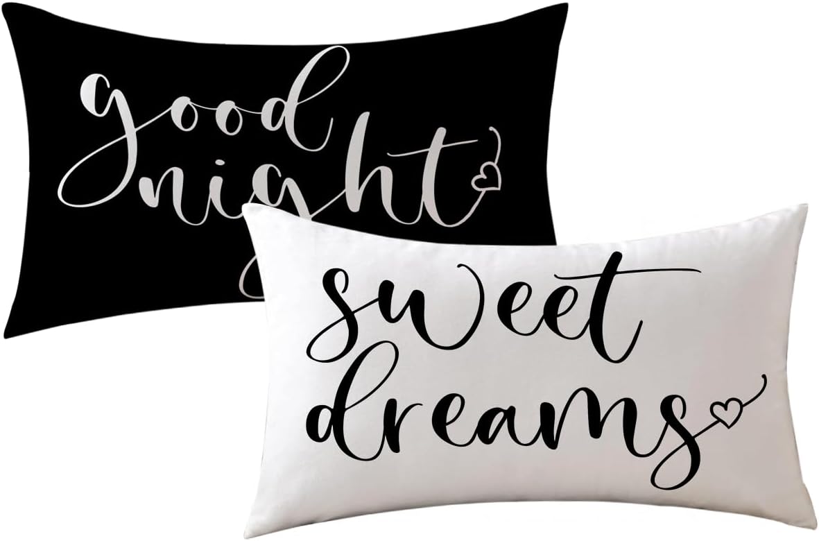 Bedding Decorative Lumbar Pillowcases Sweet Dreams Good Night Cushion Covers Sleep Themed Decorative Throw Pillow Covers 12''x20'',2Pack Super Soft for Bedroom Guest Room Housewarming Gifts (Black)