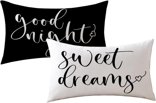 Bedding Decorative Lumbar Pillowcases Sweet Dreams Good Night Cushion Covers Sleep Themed Decorative Throw Pillow Covers 12''x20'',2Pack Super Soft for Bedroom Guest Room Housewarming Gifts (Black)