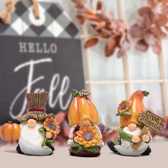 Hodao Thanksgiving Decorations Indoor - Resin Fall Gnome Figurines with Pumpkin and Sunflower, Harvest Autumn Table Decor, for Family and Friends, Holiday Thanksgiving Centerpiece