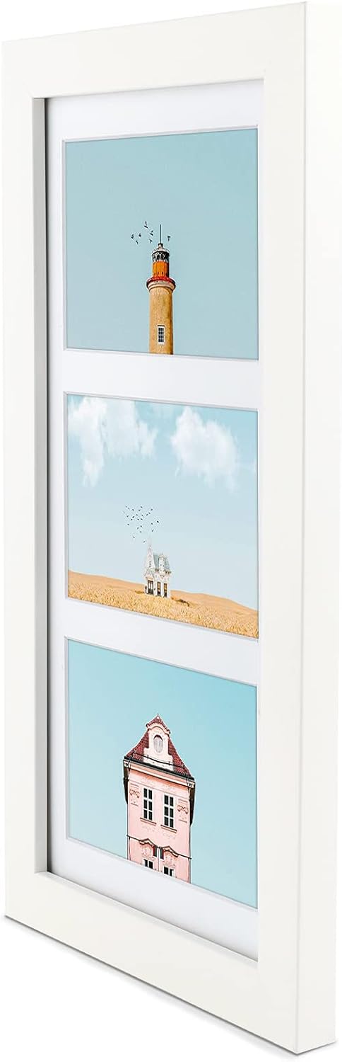 Golden State Art, 7x14 White Photo Wood Collage Frame with Mat Displays (3) 4"x6" Pictures (Wood - White with White Mat)