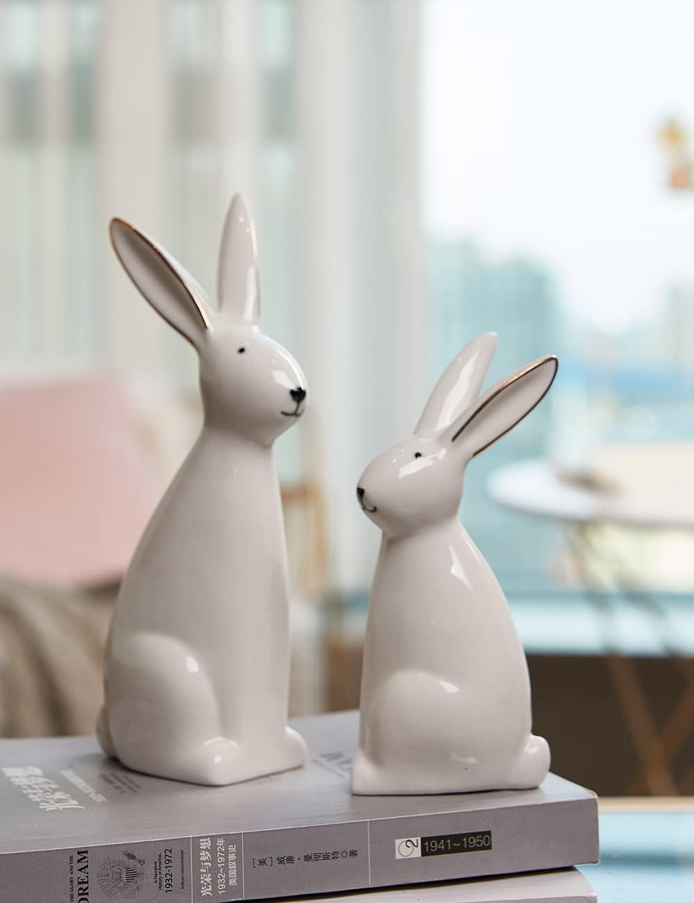 HAUCOZE 2pcs Rabbit Statue Bunny Decor Geometric Arts Modern Figurine Polyresin 7.6inch