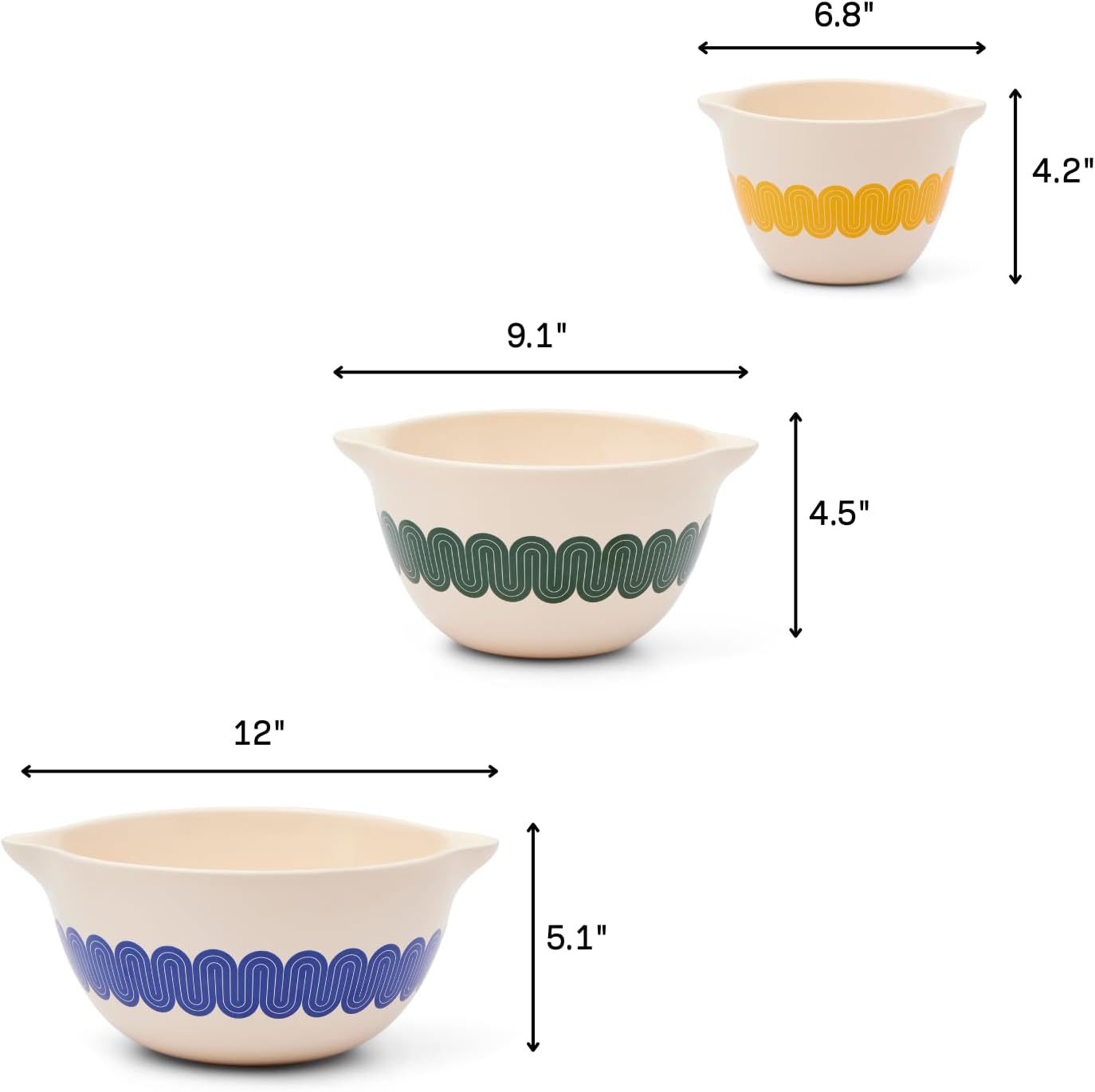 Great Jones Stir Crazy 3-Piece Stackable Ceramic Mixing Bowl Set (6.8", 9.1", 12") | Dishwasher, Freezer & Microwave Safe | Perfect for Baking, Serving & Mixing | Nestable for Easy Storage (Classic)