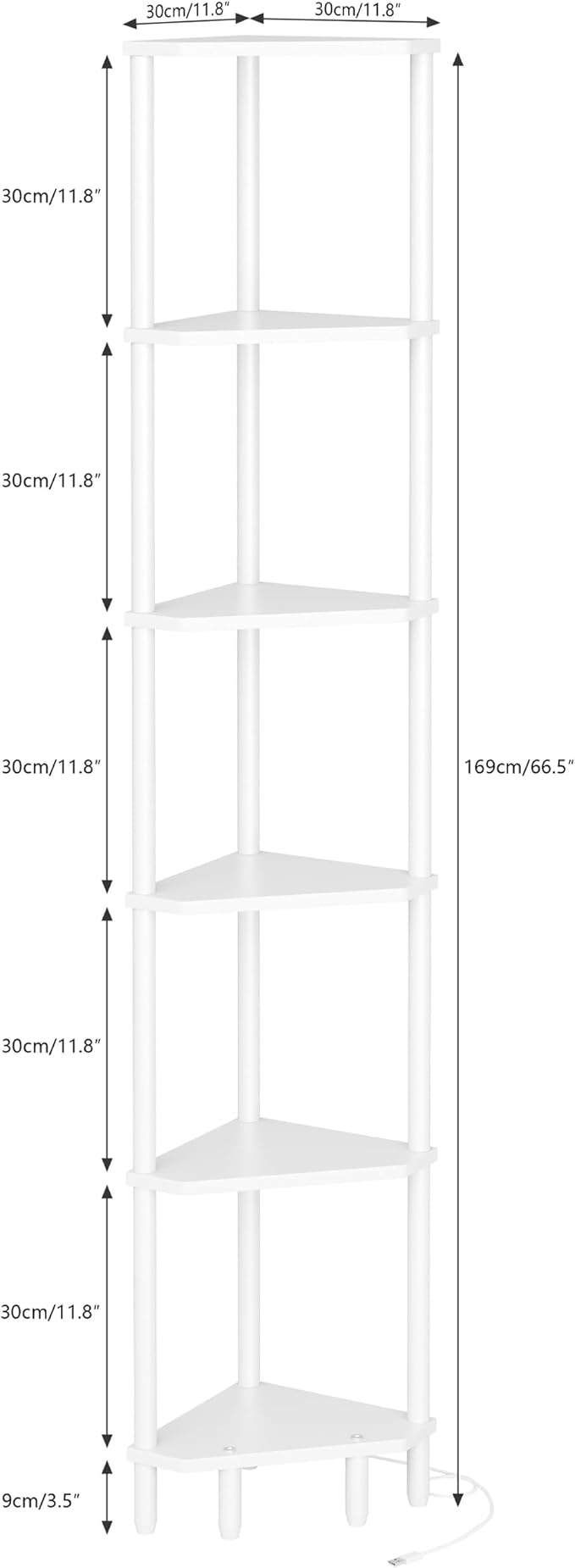 6 Tier Corner Shelf with LED Light, 66.5'' Tall Standing Shelf, Narrow Display Shelf Stand, Modern Corner Bookshelf, Plant Stand, Corner Bookcase for Living Room, Bedroom, Small Space LCS502WE