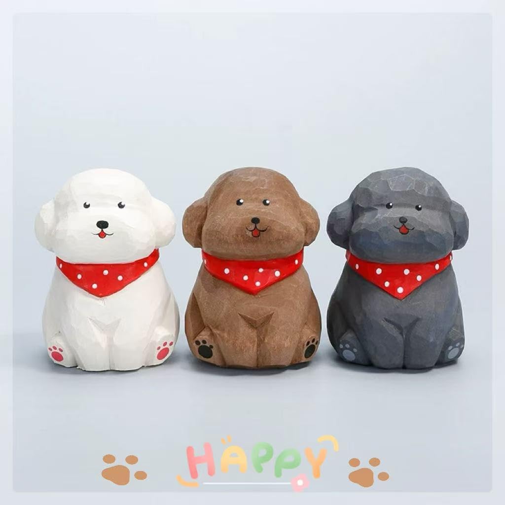 Cute Wood Teddy Dog Figurine, 2.7' Handmade Carved Gray Teddy Statue with Base, Unique Pet Dog Figure Collectibles Home Decor