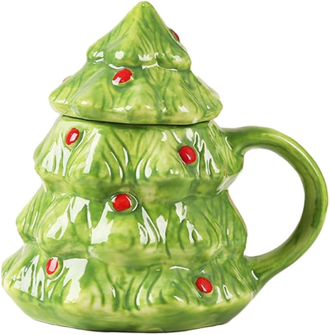 15oz Christmas Tree Mug with Lid Cute Ceramic Xmas Tree Coffee Mug Adorable Festive Ceramic Coffee Cup Winter Xmas Holiday Birthday Tabletop Drinkware Teacup Gifts for Adults Kids Women