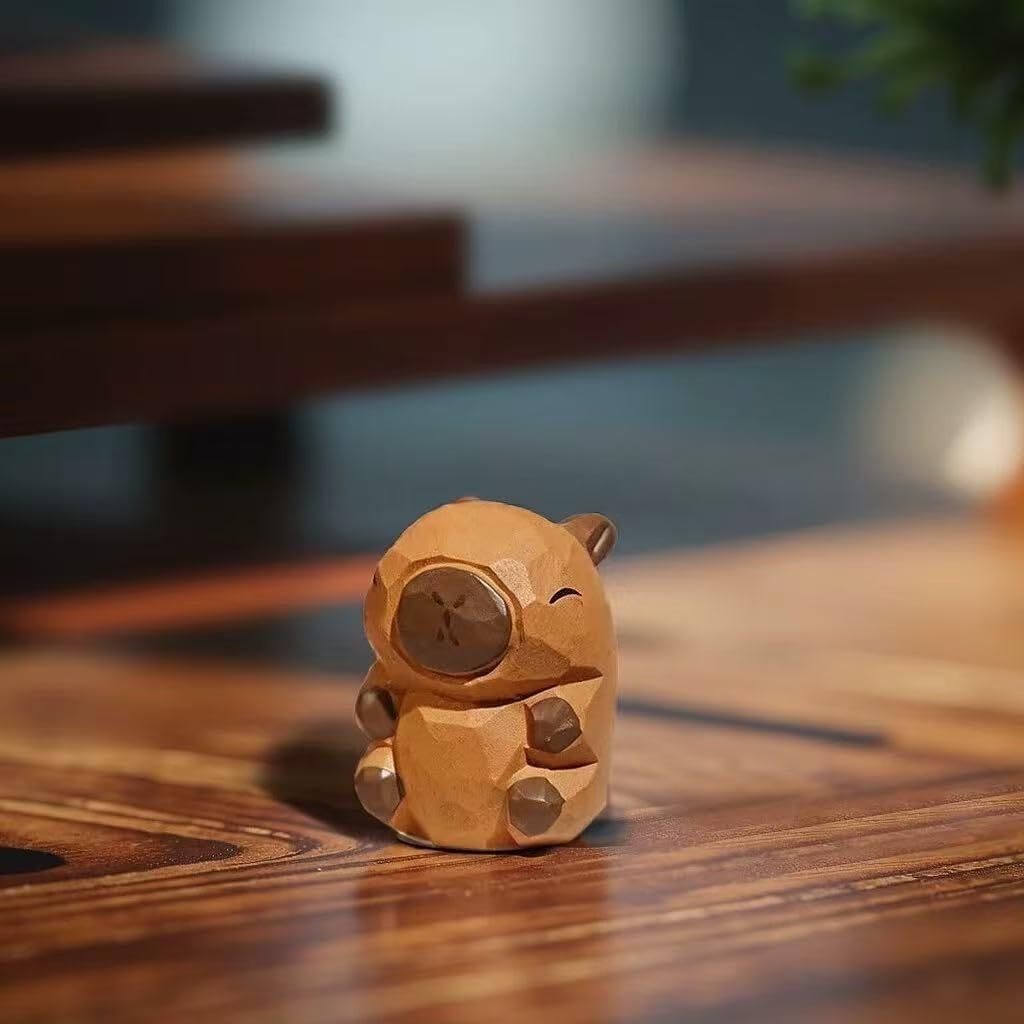 Mini Carved Wooden Capybara Figurines, 2PCS Handmade Capybara Figurine with Base Sculpture Set, 1.2" Cute Capybara Statue Home Decor Art Carving Work, Desktop Ornaments, Gifts for Boys and Girls