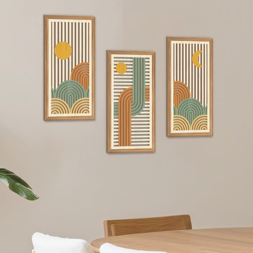 IARTTOP 3 Pcs Boho Abstract Wood Wall Art Modern Geometric Artwork Bohemian Sun and Moon Wood Wall Decor Minimalist Line Hanging Decor for Living Room Bedroom Apartment 7.9 x15.8 Inch
