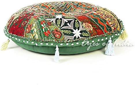 Eyes of India Round Floor Seating Meditation Patchwork Pillow Cushion Cover Colourful Decorative Throw Indian Bohemian Accent Boho Chic Handmade Cover Only (Dark Green, 22" x 22")