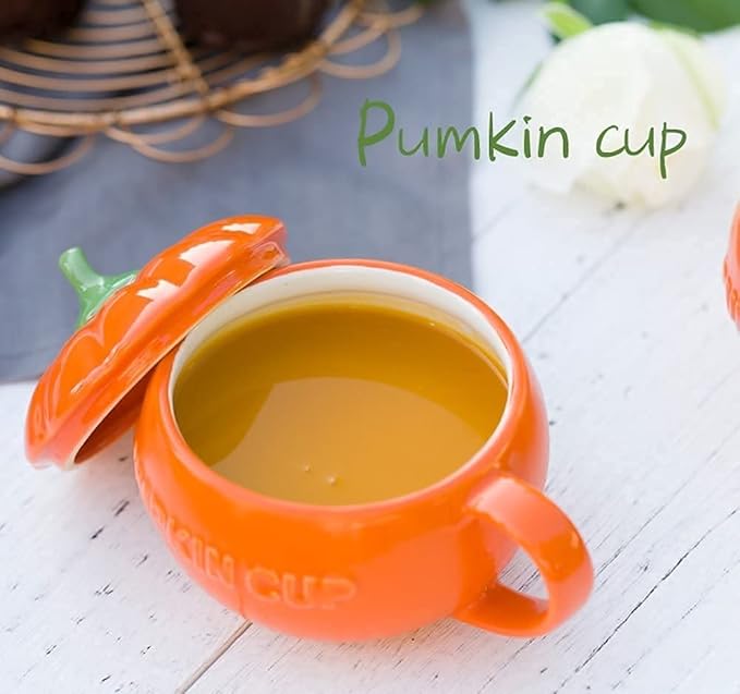 YBK Tech Cute Pumpkin Cup, Ceramic Coffee Mug, Tea Cup with Lid and Spoon (15.5oz)