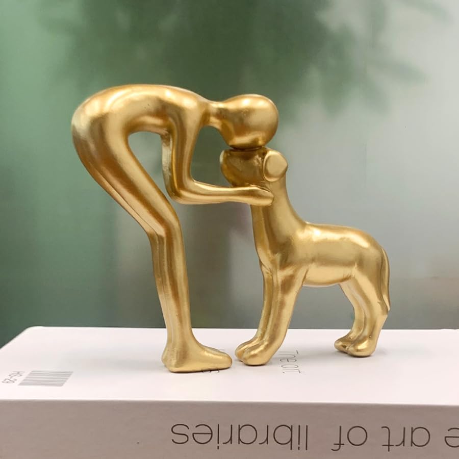 Human and Dog Statue Decoration, Cute Pet Sculpture Home Decor Tabletop Ornament Figurines Office Living Room Bedroom Home, for Dog Lovers Friends Family Decoration, Gold Color