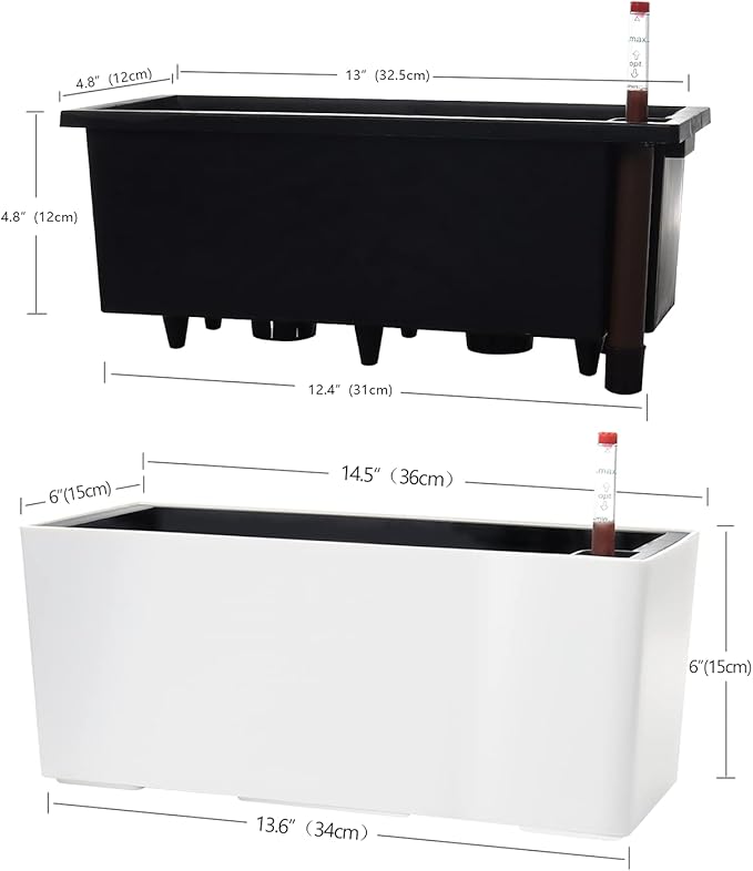 SAROSORA 14" Rectangle Self Watering Planter with Water Level Indicators for Plants & Flower Home Garden Outdoor Indoor Succulent | Herb pots | Window Box (1, White)