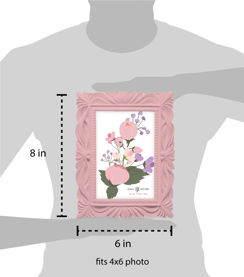 Isaac Jacobs 4x6 Pink Wave Textured Hand-Crafted Resin Picture Frame with Easel & Hook for Tabletop & Wall Display, Decorative Swirl Design Home Décor, Photo Gallery, Art, More (4x6, Pink)