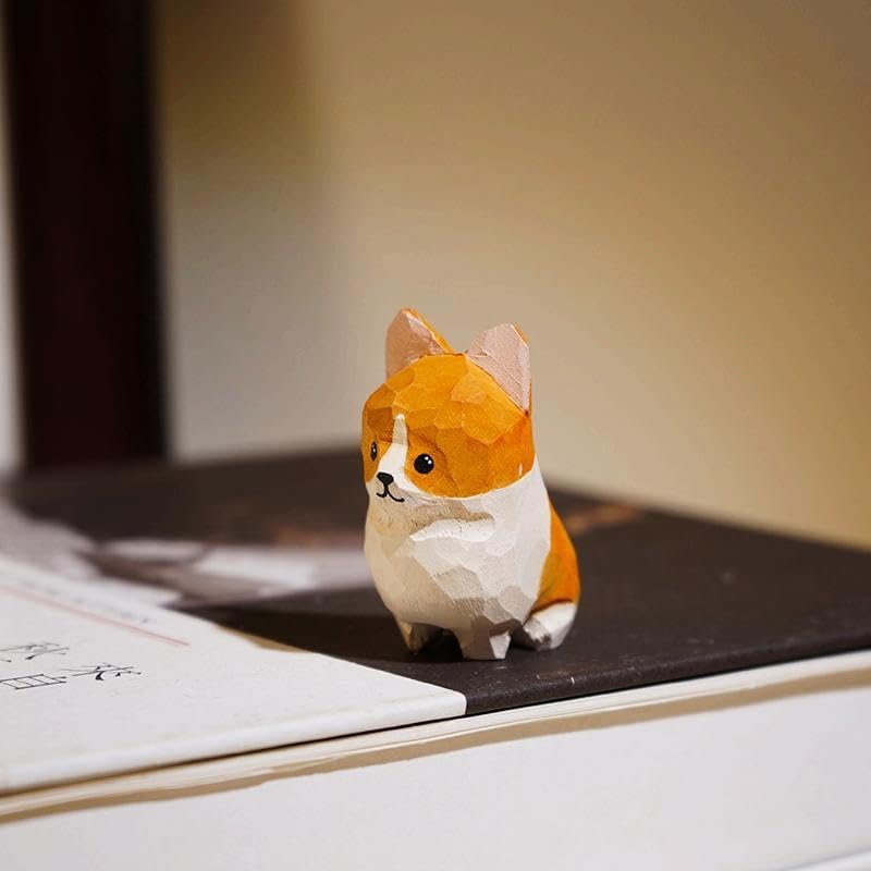 Handcrafted Wooden Corgi Figurine – 1.8" Small Dog Statue Carved from Natural Wood – Cute Knick Knack Home Decor – Gift for Dog Lovers & Collectors