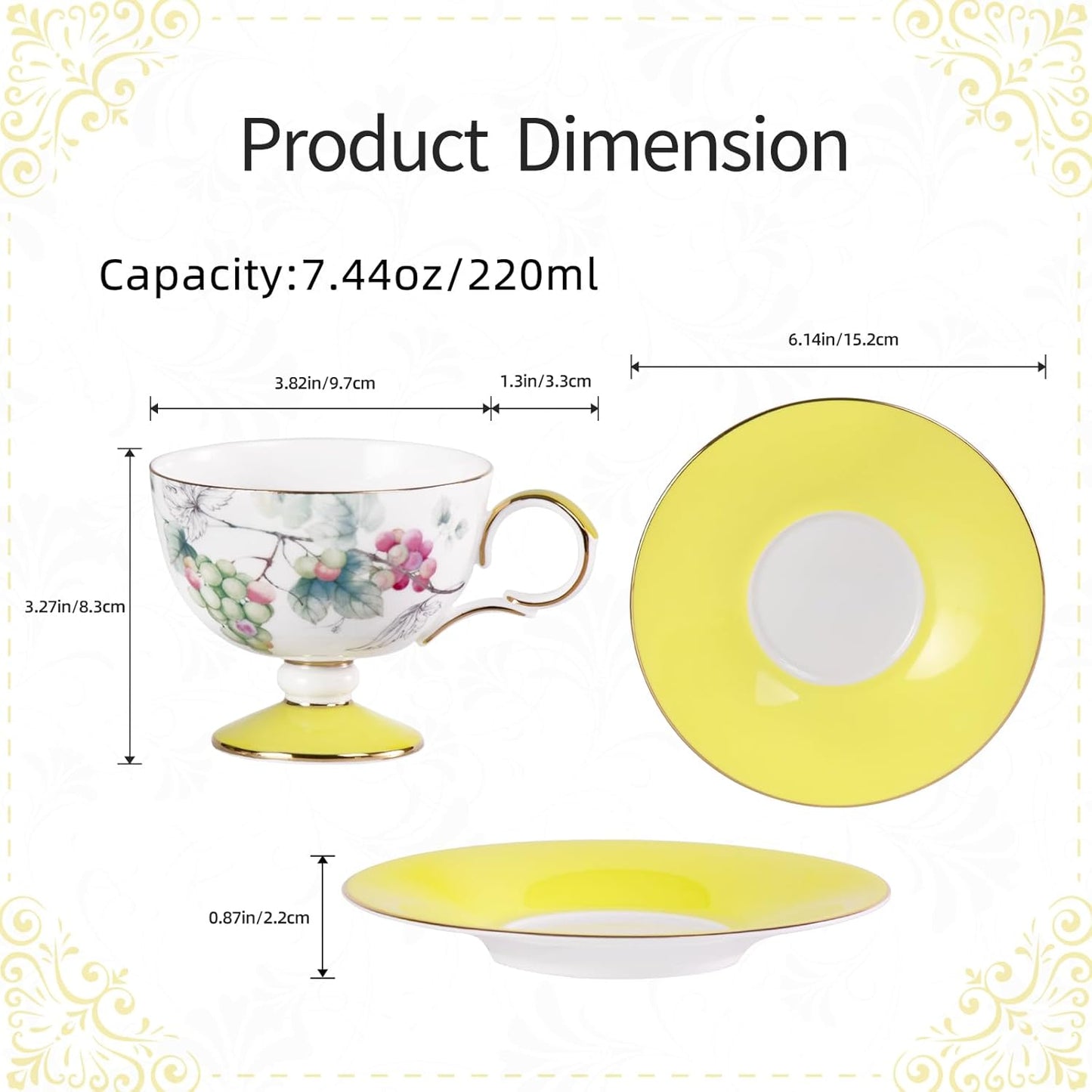 KAMMAK Ceramic Coffee Cups Saucers Set of 2, Porcelain Espresso Cups with Saucers, 7.44 oz Handcrafted Elegant Bone China Tea Cups, Grape & Blueberry Pattern Teacup for Party, Office, Women Gift