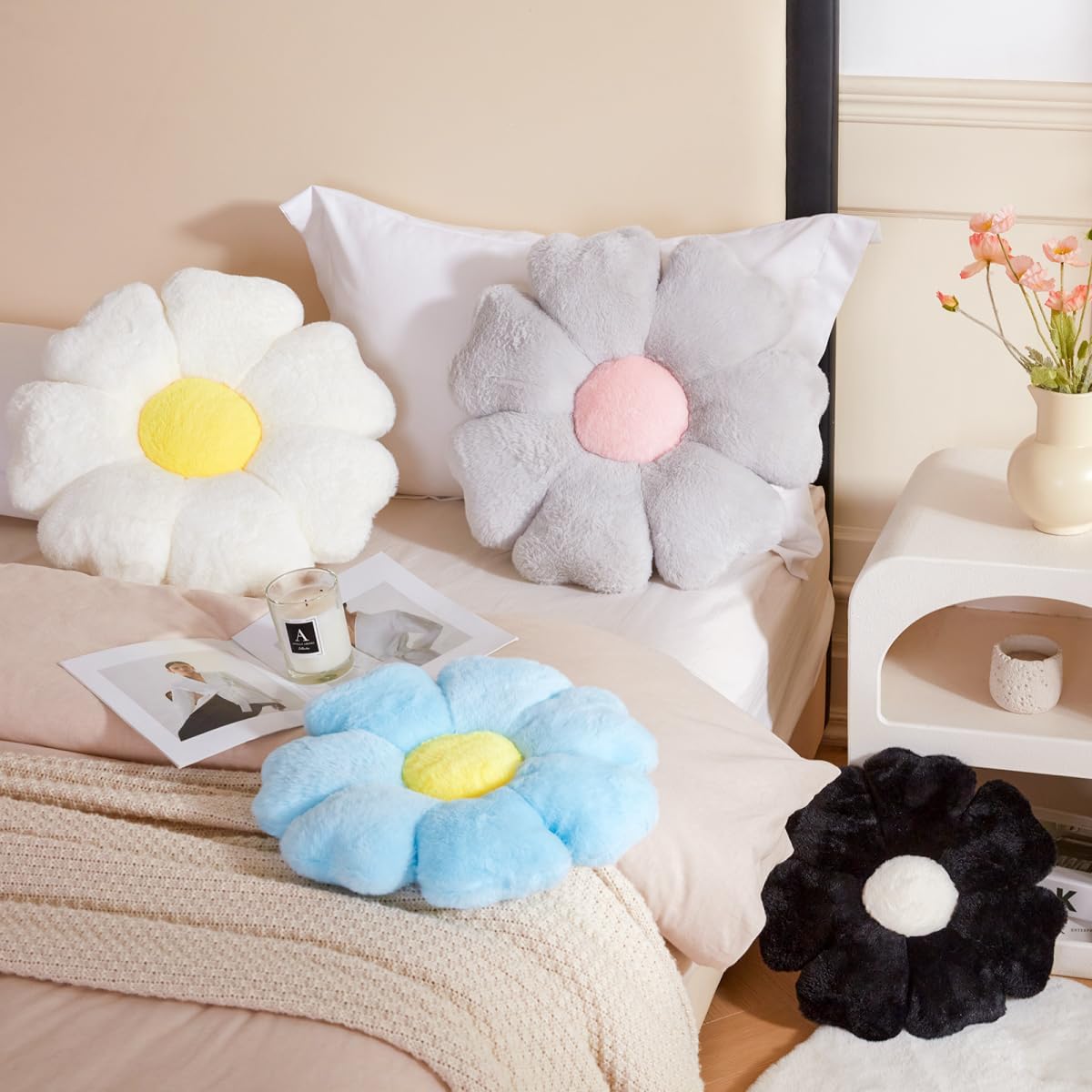 Flower Pillow, Blue Daisy Flower Decorative Pillows for Bed, Cute 19.6" Flower Shaped Pillow with Soft Faux Rabbit Fur Dorm Home Decor Floor Seating Cushion